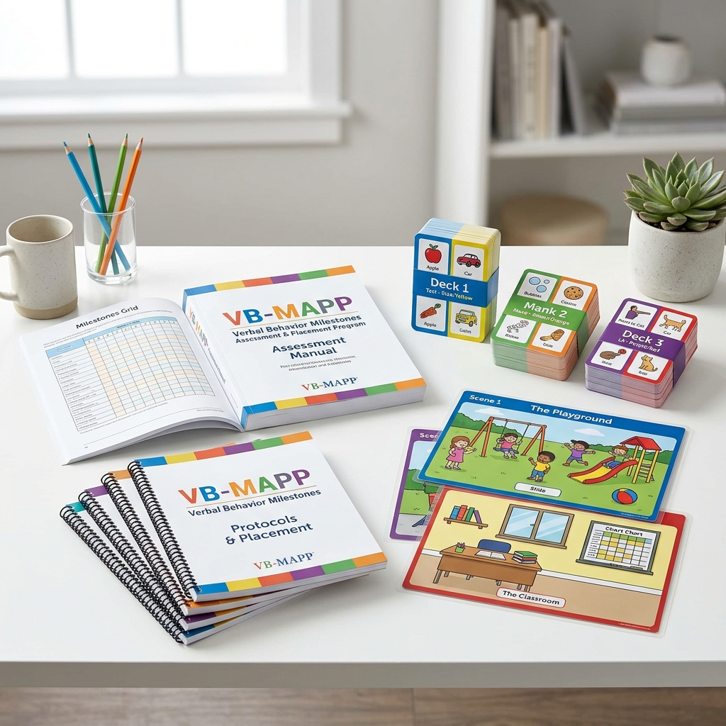 Kit Completo VB-MAPP contendo manual impresso, flashcards de imagens estruturados e cenas plastificadas organizadas sobre a mesa.